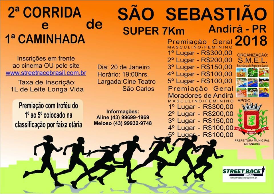 Secretaria de Esportes de Andirá promove Corrida e Caminhada de São Sebastião, no próximo dia 20. Inscrições estão abertas! 