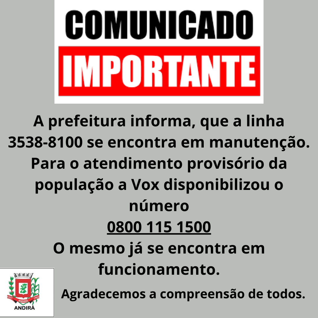 Número provisório para contato com Prefeitura Municipal de Andirá. 