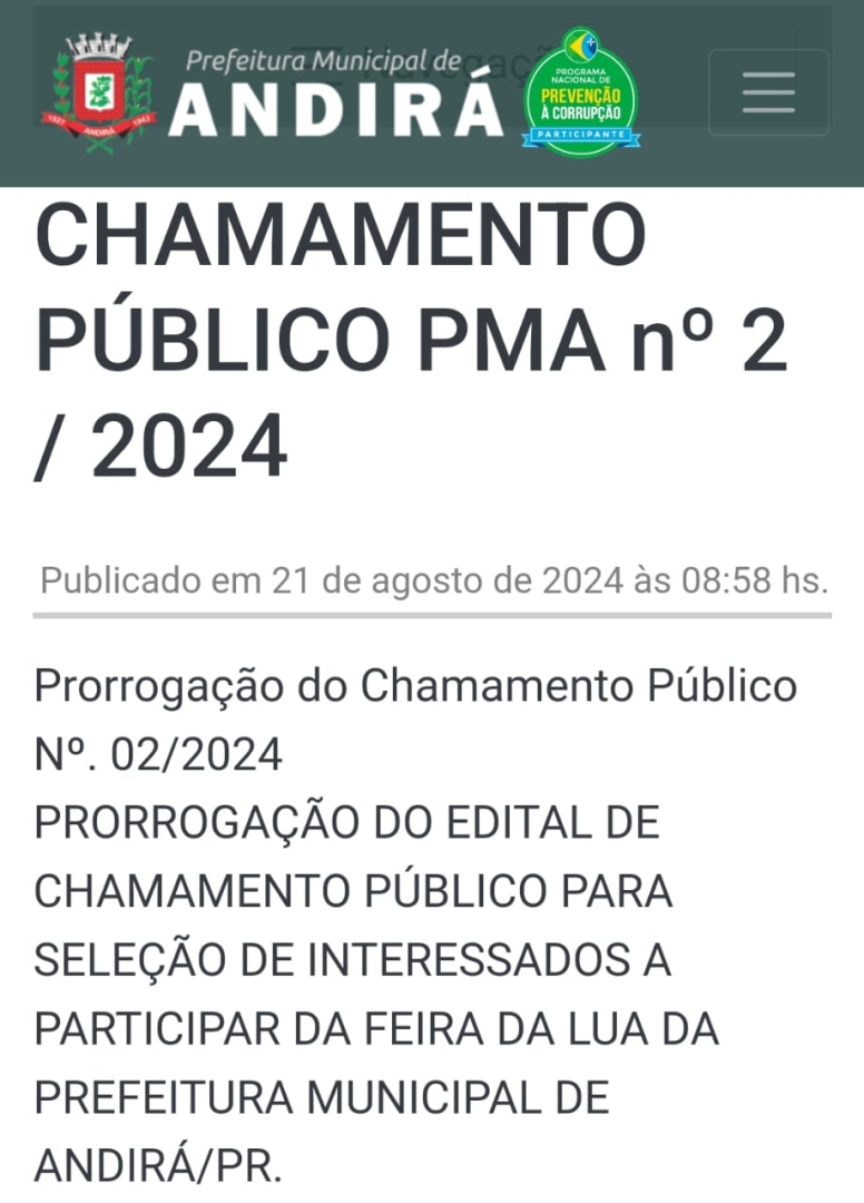 PRORROGAÇÃO DO CHAMAMENTO PÚBLICO PARA SELEÇÃO DE INTERESSADOS A PARTICIPAR DA FEIRA DA LUA - PMA. 