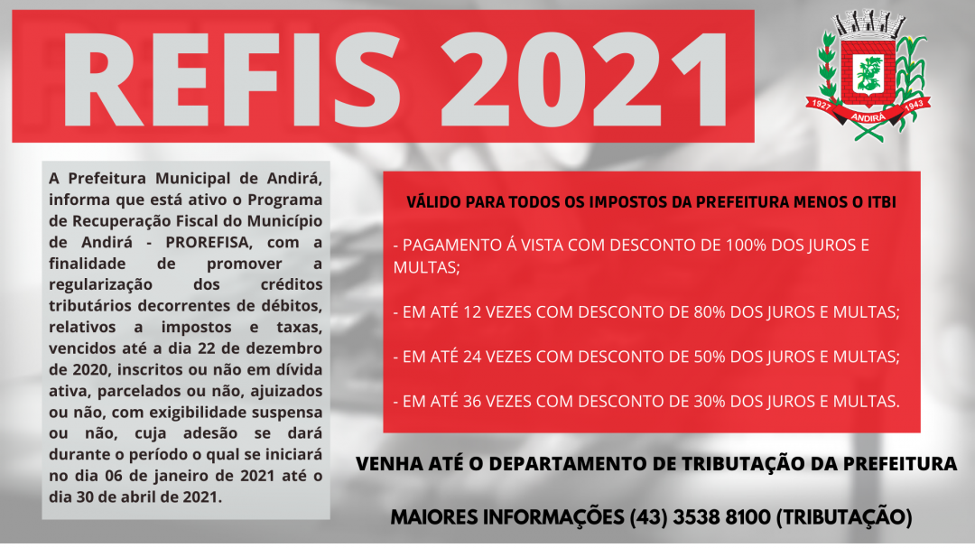 Prefeitura Municipal de Andirá lança o PROREFISA 2021